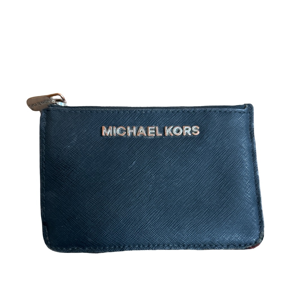 Michael Kors Black Leather Zip Card Holder Wallet ID Holder Coin